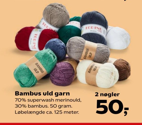 Bambus uld garn 70% superwash merinould, 30% bambus. 50 gram. Løbelængde ca. 125 meter. 2 nøgler – Kvickly