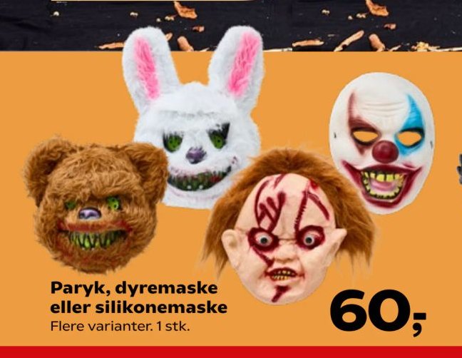 Paryk, dyremaske eller silikone maske Flere varianter. 1 stk. – Kvickly