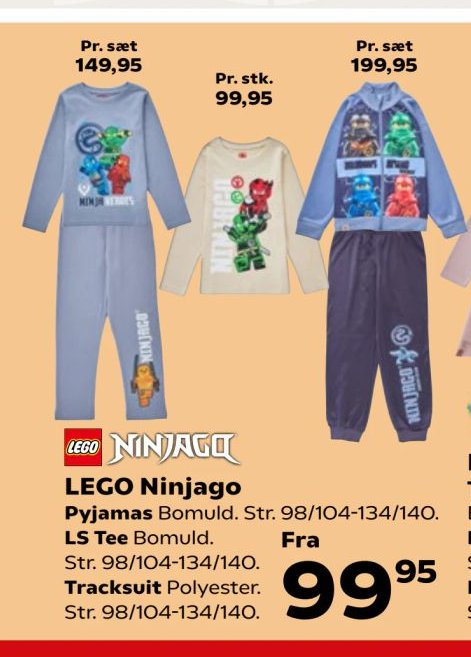 LEGO Ninjago Pyjamas Bomuld. Str. 98/104-134/140. LS Tee Bomuld. Str. 98/104-134/140. Tracksuit Polyester. Str. 98/104-134/140. – Kvickly