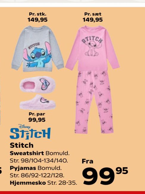 Stitch Sweatshirt Bomuld. Str. 98/104-134/140. Pyjamas Bomuld. Str. 98/92-122/128. Hjemmesko Str. 28-35. – Kvickly