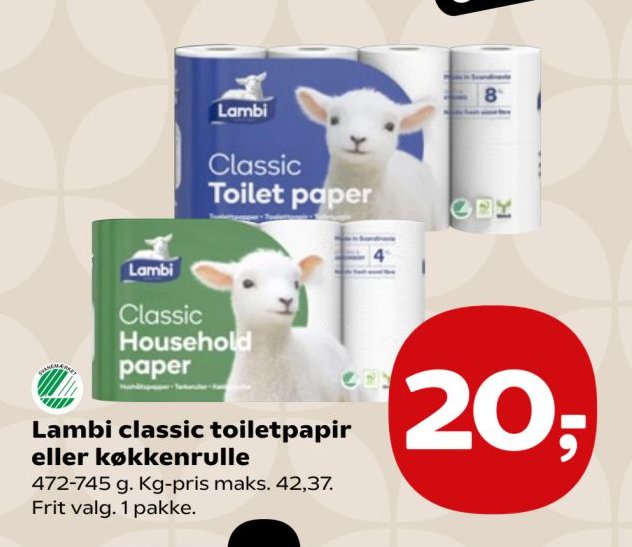 Lambi classic toiletpapir eller køkkenrulle 472-745 g. Kg-pris maks. 42,37. Frit valg. 1 pakke. – Kvickly