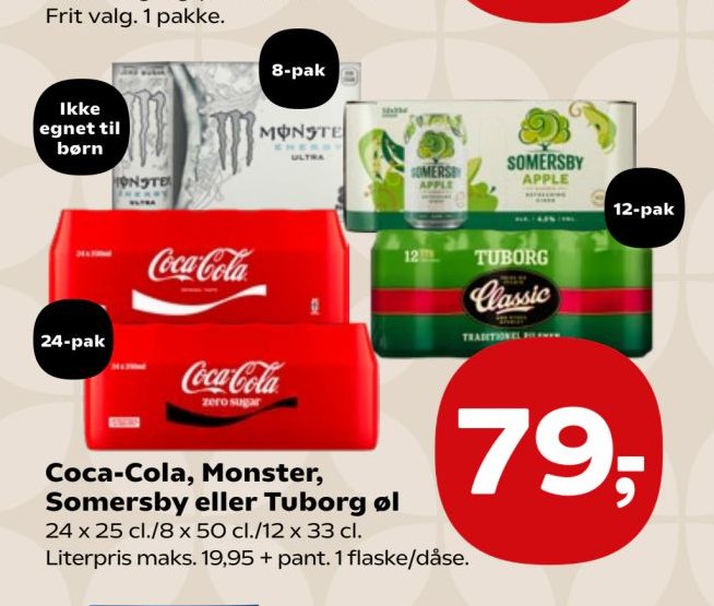 Coca-Cola, Monster, Somersby eller Tuborg øl 24 x 25 cl./8 x 50 cl./12 x 33 cl. Literpris maks. 19,95 + pant. 1 flaske/dåse. – Kvickly