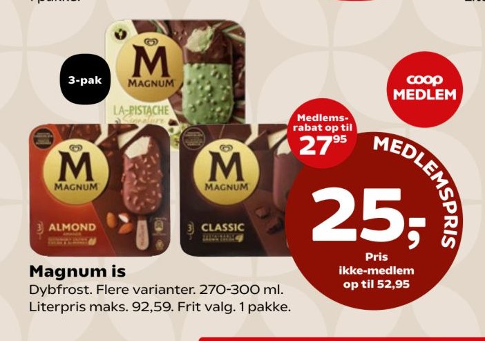 Magnum is Dybfrost. Flere varianter. 270-300 ml. Literpris maks. 92,59. Frit valg. 1 pakke. – Kvickly