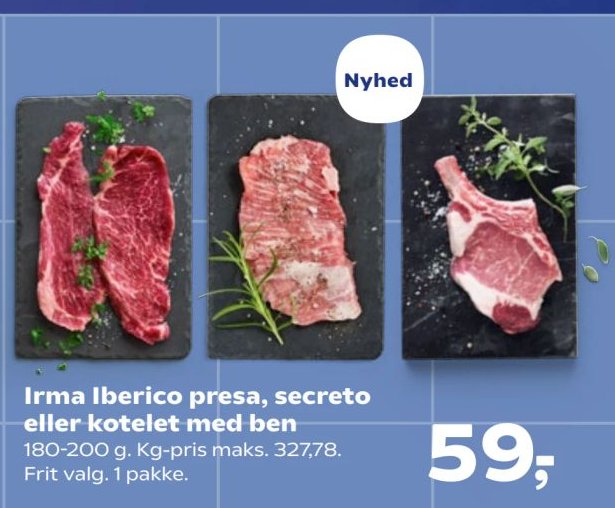 Irma Iberico presa, secreto eller kotelet med ben 180-200 g. Kg-pris maks. 327,78. Frit valg. 1 pakke. – Kvickly