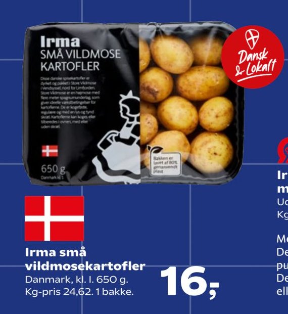 Irma små vildmosekartofler Danmark, kl. I. 650 g. Kg-pris 24,62. 1 bakke. – Kvickly