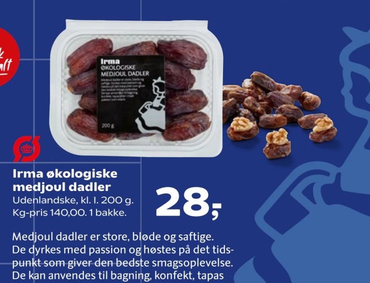 Irma økologiske medjoul dadler Udenlandske, kl. I. 200 g. Kg-pris 140,00. 1 bakke. – Kvickly