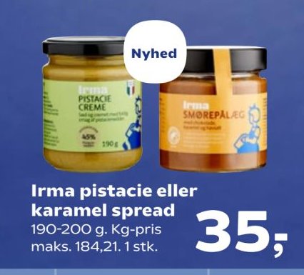 Irma pistacie eller karamel spread 190-200 g. Kg-pris maks. 184,21. 1 stk. – Kvickly