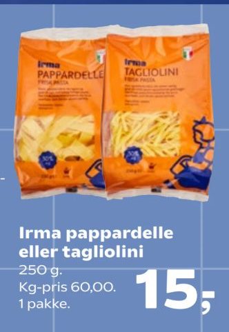 Irma pappardelle eller tagliolini 250 g. Kg-pris 60,00. 1 pakke. – Kvickly