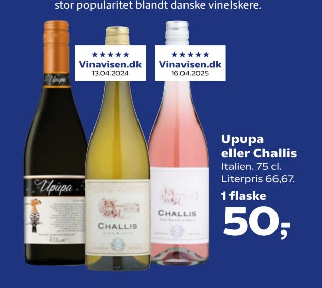 Upupa eller Challis Italien. 75 cl. Literpris 66,67. – Kvickly