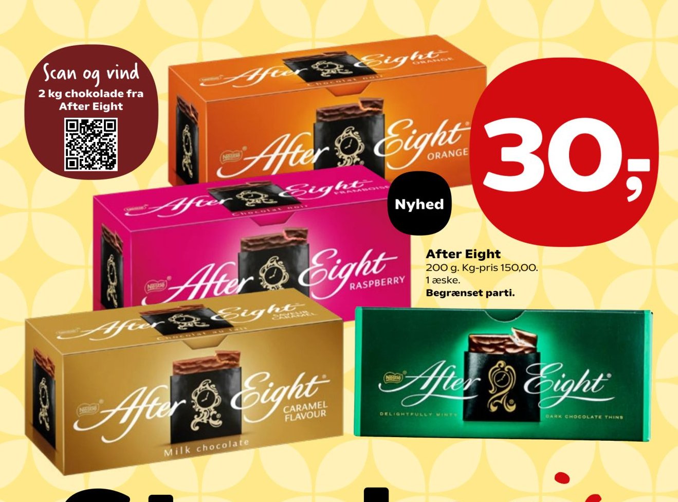 After Eight 200 g. Kg-pris 150,00. 1 æske. – Kvickly