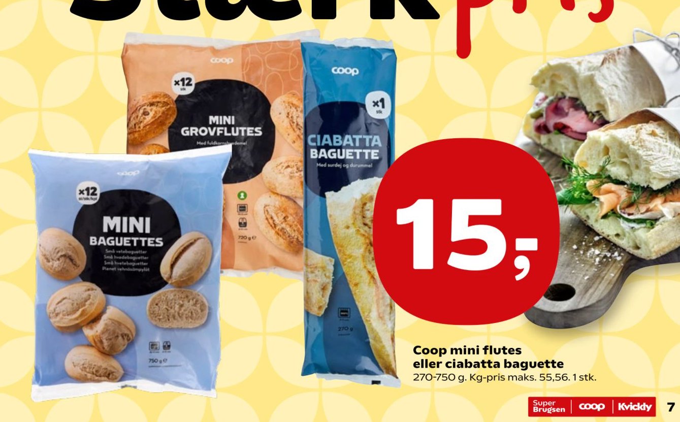 Coop mini flutes eller ciabatta baguette 270-750 g. Kg-pris maks. 55,56. 1 stk. – Kvickly