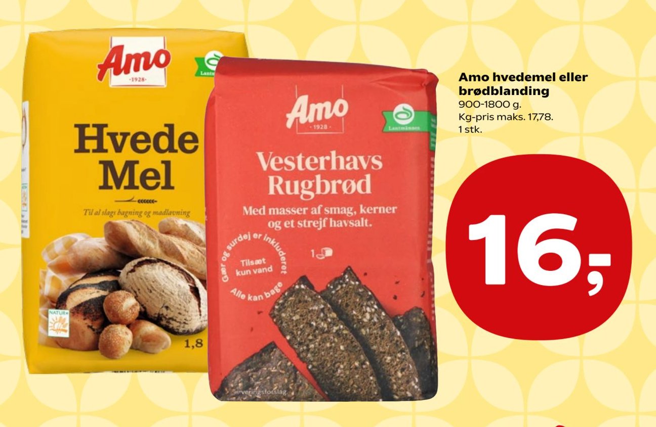 Amo hvedemel eller brødblanding 900-1800 g. Kg-pris maks. 17,78. 1 stk. – Kvickly