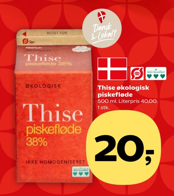 Thise økologisk piskefløde 500 ml. Literpris 40,00. 1 stk. – Kvickly