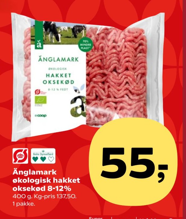 Änglamark økologisk hakket oksekød 8-12% 400 g. Kg-pris 137,50. 1 pakke. – Kvickly