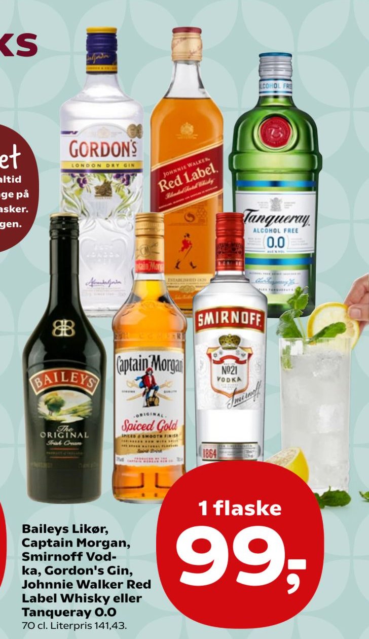 Baileys Likør, Captain Morgan, Smirnoff Vodka, Gordon's Gin, Johnnie Walker Red Label Whisky eller Tanqueray 0.0 – Kvickly