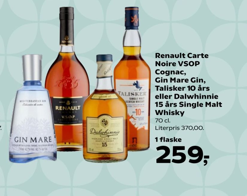 Renault Carte Noire VSOP Cognac, Gin Mare Gin, Talisker 10 års eller Dalwhinnie 15 års Single Malt Whisky – Kvickly