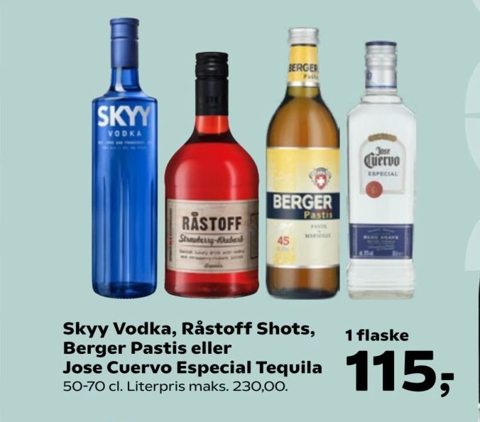 Skyy Vodka, Råstoff Shots, Berger Pastis eller Jose Cuervo Especial Tequila – Kvickly