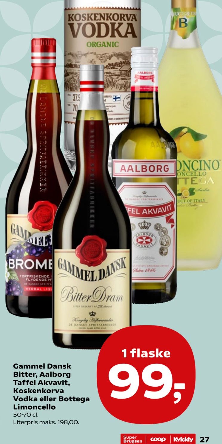 Gammel Dansk Bitter, Aalborg Taffel Akvavit, Koskenkorva Vodka eller Bottega Limoncello – Kvickly