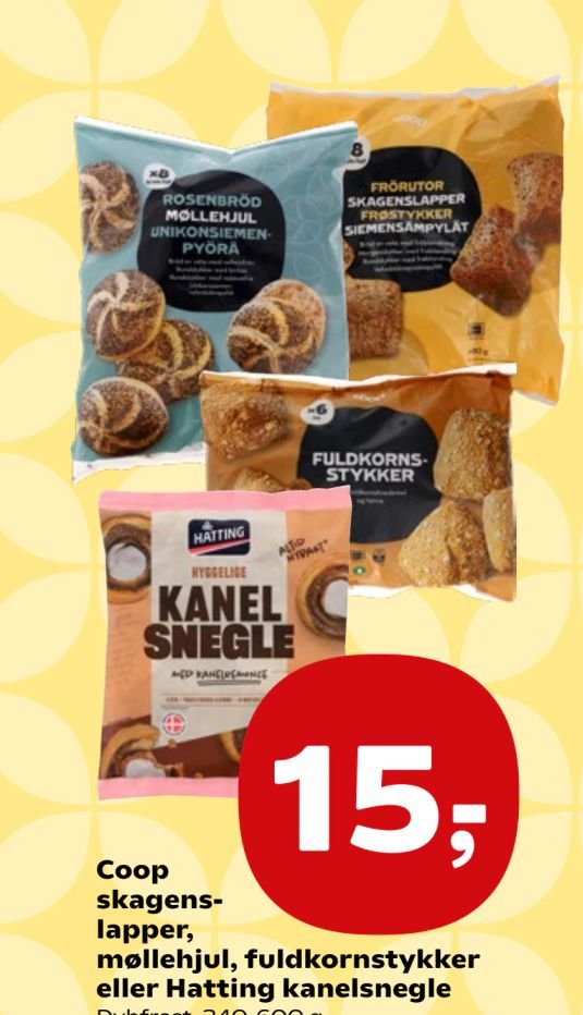 Coop skagenslapper, møllehjul, fuldkornstykker eller Hatting kanelsnegle – Kvickly