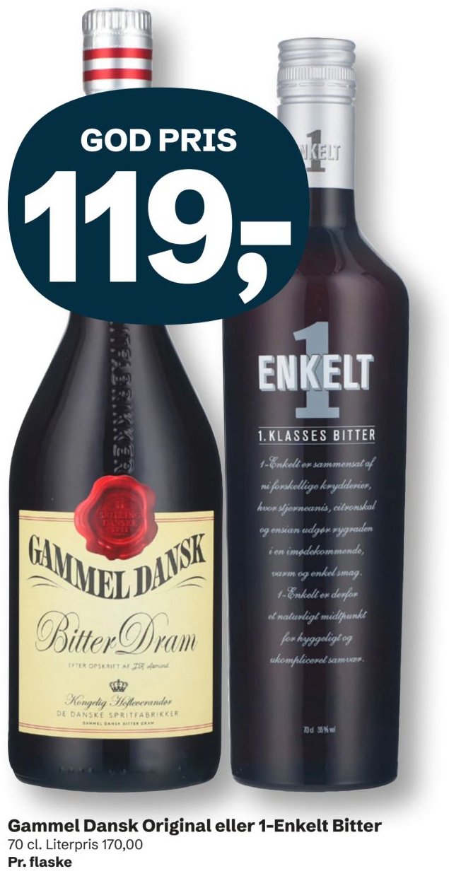Gammel Dansk Original eller 1-Enkelt Bitter 70 cl. Literpris 170,00 Pr. flaske – LET-KØB