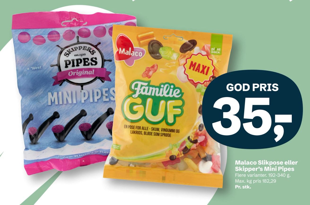 Malaco Slikpose eller Skipper’s Mini Pipes – LET-KØB
