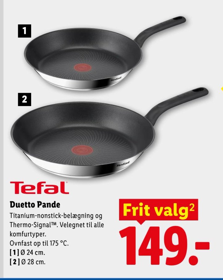 Tefal Duetto Pande Titanium-nonstick-belægning og Thermo-Signal™. Velegnet til alle komfurtyper. Ovnfaste op til 175 °C. [1] Ø 24 cm. – Lidl