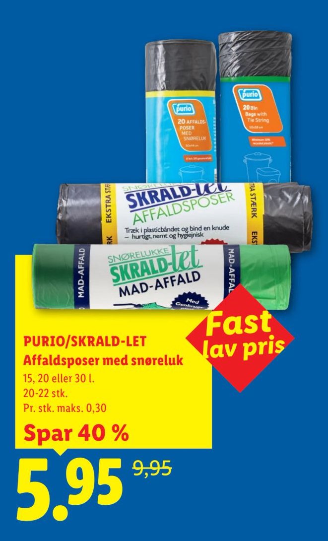 PURIO/SKRALD-LET Affaldsposer med snøreluk 15, 20 eller 30 l. 20-22 stk. – Lidl