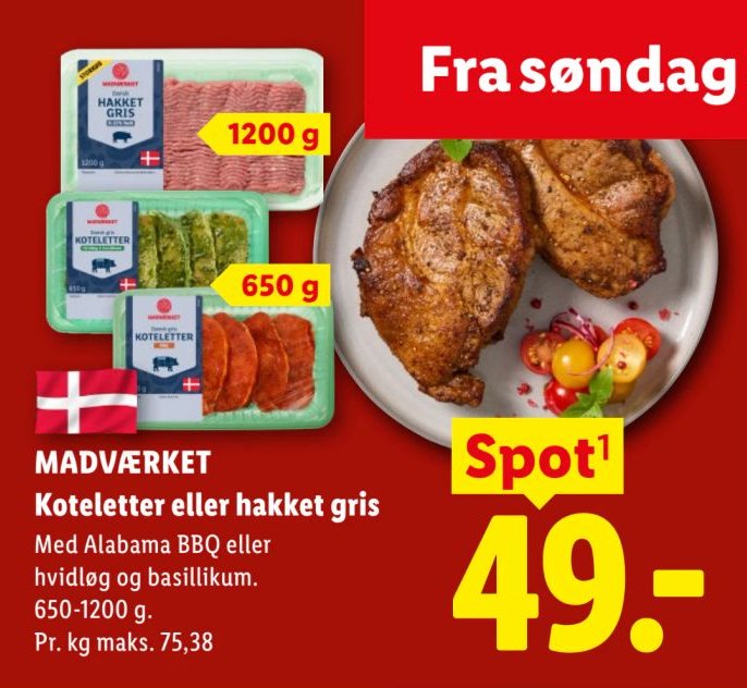 MADVÆRKET Koteletter eller hakket gris Med Alabama BBQ eller hvidløg og basilikum. 650-1200 g. – Lidl