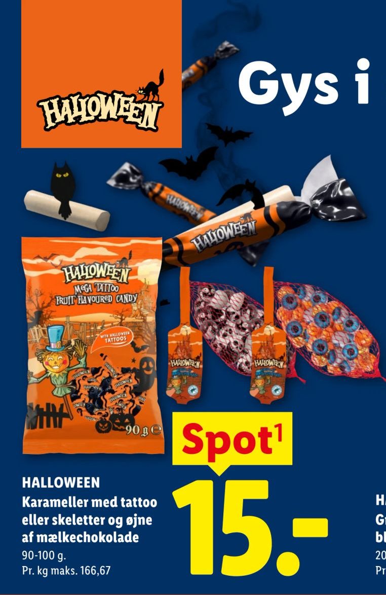 HALLOWEEN Karameller med tattoo eller skeletter og øjne af mælkechokolade 90-100 g. – Lidl