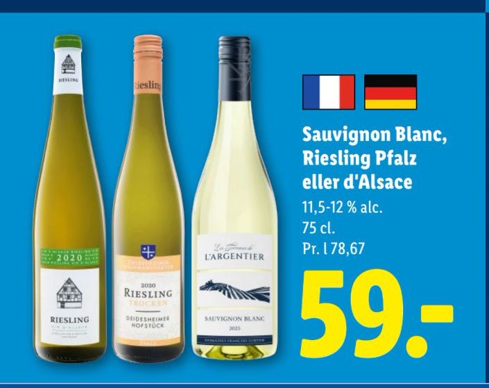 Sauvignon Blanc, Riesling Pfalz eller d'Alsace 11,5-12 % alc. 75 cl. – Lidl