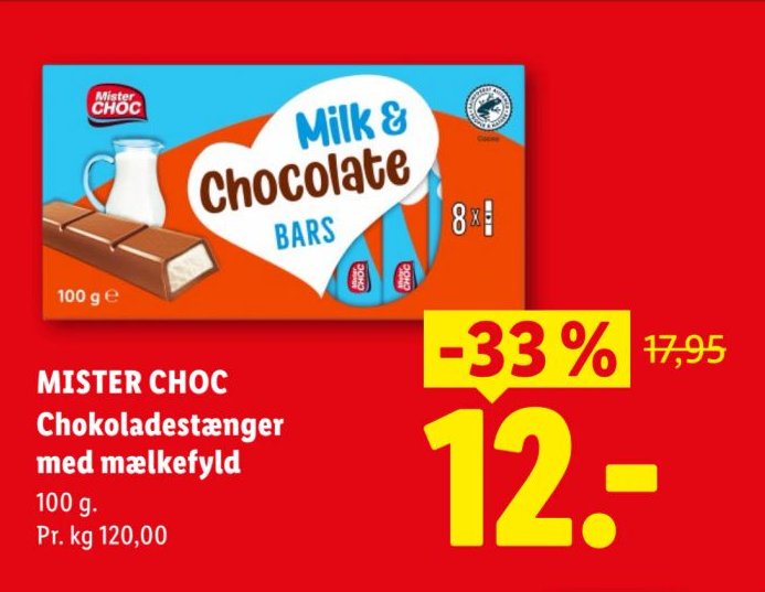 MISTER CHOC Chokoladestænger med mælkefyld 100 g. – Lidl