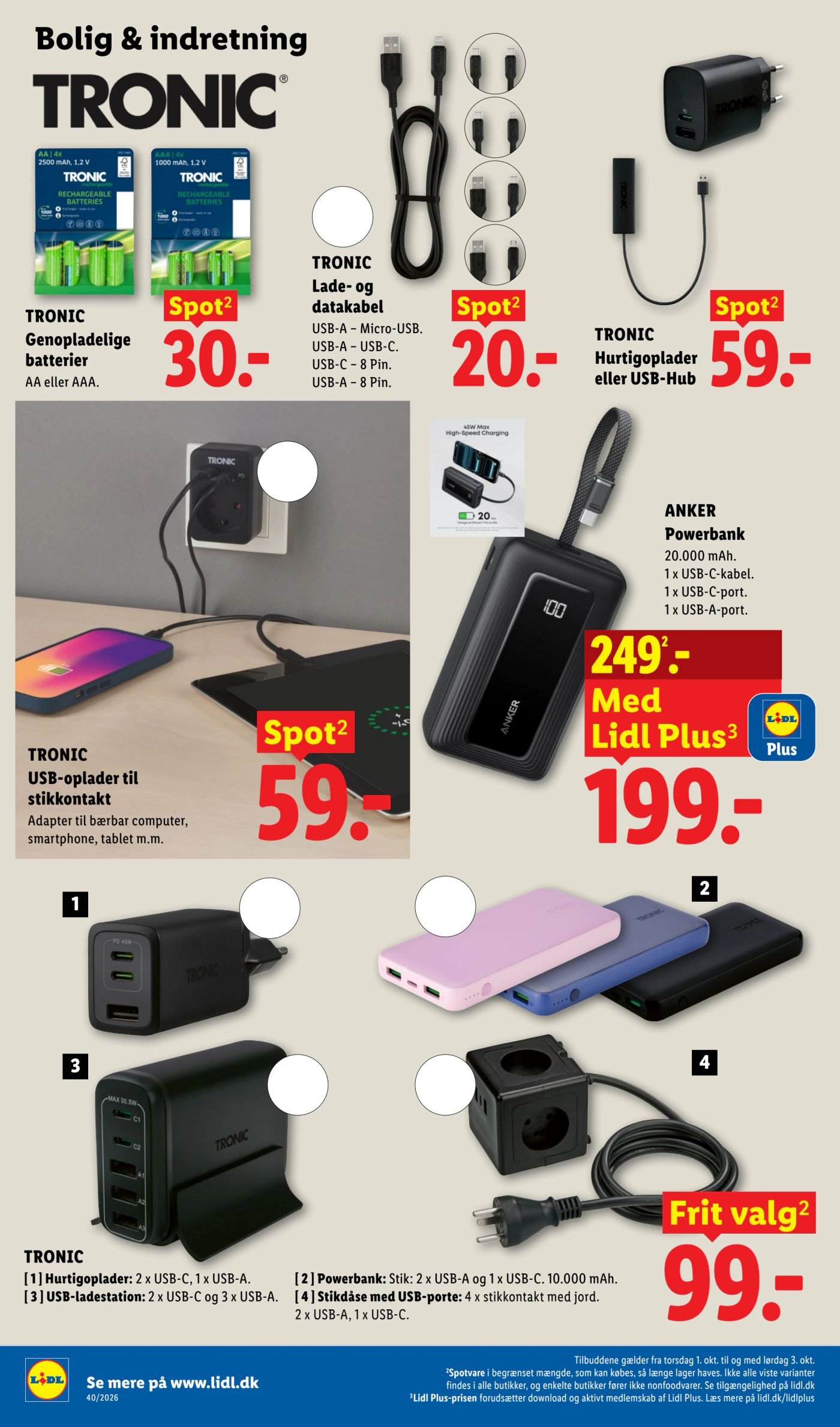 TRONIC USB-oplader [1] 2 x USB-C, 1 x USB-A. [2] Powerbank: Stik: 2 x USB-A og 1 x USB-C. 10.000 mAh. [3] USB-ladestation: 2 x USB-C og 3 x USB-A. [4] Stikdåse med USB-porte: 4 x stikkontakt med jord. 2 x USB-A, 1 x USB-C. – Lidl