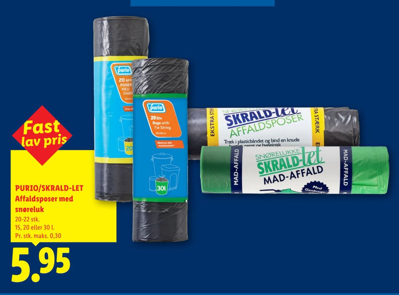 PURIO/SKRALD-LET Affaldsposer med snøreluk 20-22 stk. 15, 20 eller 30 l. – Lidl