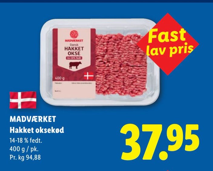 MADVÆRKET Hakket oksekød 14-18 % fedt. 400 g / pk. – Lidl
