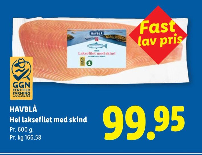 HAVBLÅ Hel laksefilet med skind Pr. 600 g. – Lidl