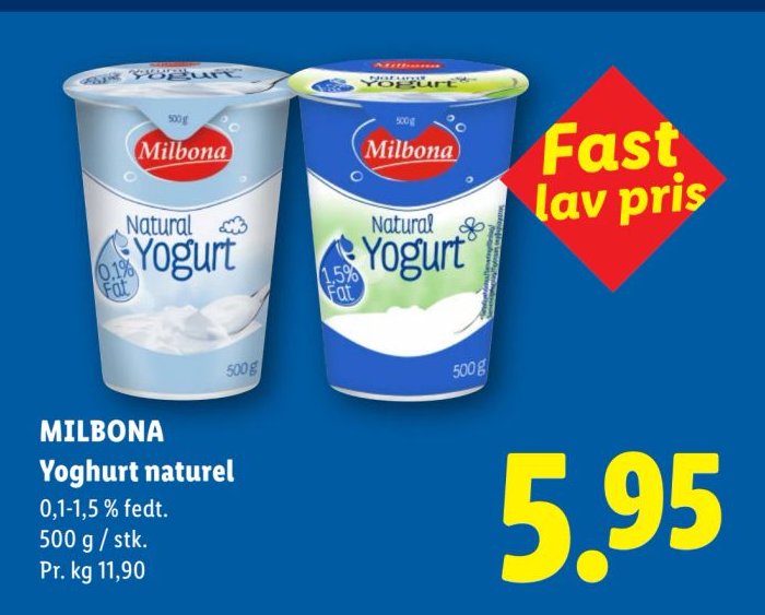 MILBONA Yoghurt naturel 0,1-1,5 % fedt. 500 g / stk. – Lidl