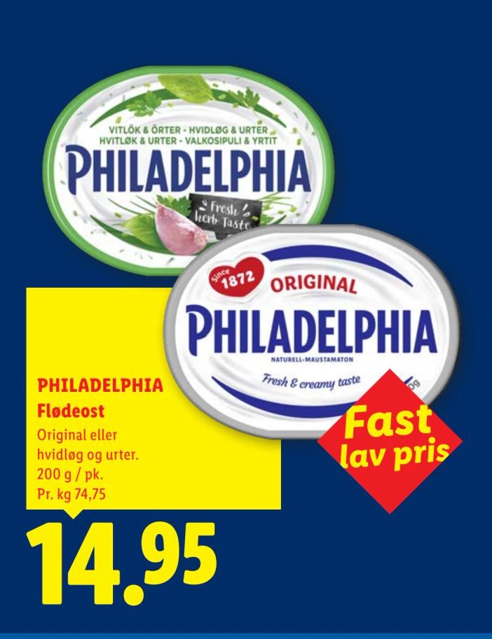 PHILADELPHIA Flødeost Original eller hvidløg og urter. 200 g / pk. – Lidl