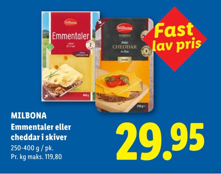 MILBONA Emmentaler eller cheddar i skiver 250-400 g / pk. – Lidl