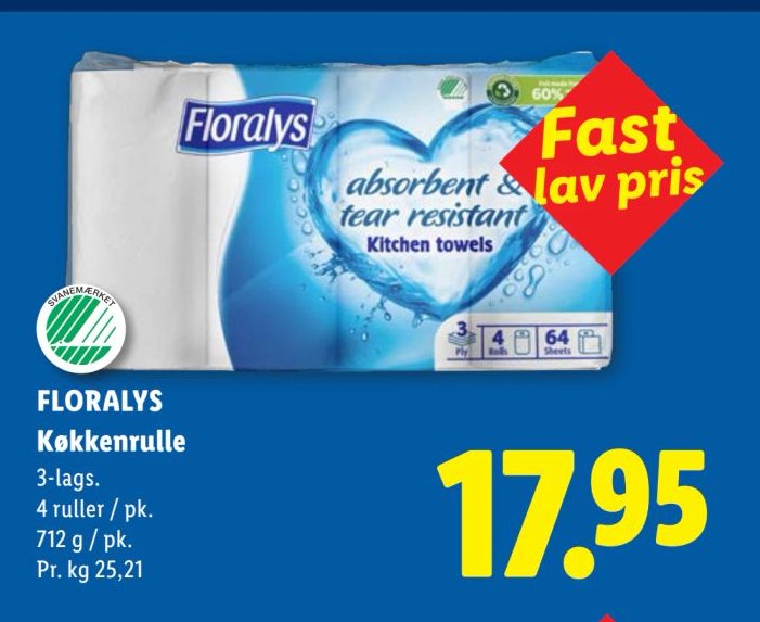 FLORALYS Køkkenrulle 3-lags. 4 ruller / pk. 712 g / pk. – Lidl