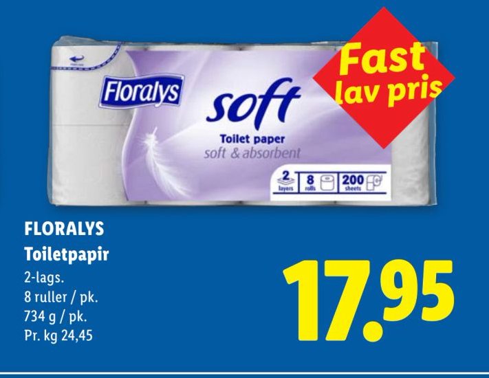 FLORALYS Toiletpapir 2-lags. 8 ruller / pk. 734 g / pk. – Lidl