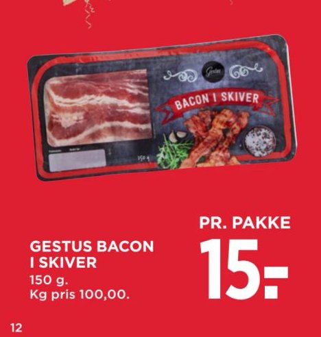 GESTUS BACON I SKIVER 150 g. Kg pris 100,00. – Meny
