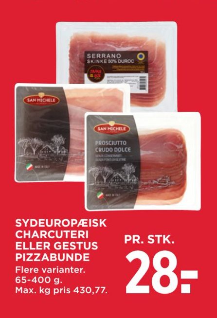 SYDEUROPÆISK CHARCUTERI ELLER GESTUS PIZZABUNDE Flere varianter. 65-400 g. Max. kg pris 430,77. – Meny