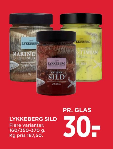 LYKKEBERG SILD Flere varianter. 160/350-370 g. Kg pris 187,50. – Meny