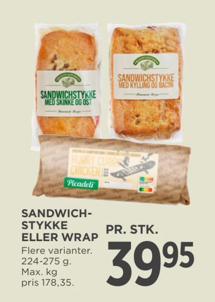 SANDWICHSTYKKE ELLER WRAP Flere varianter. 224-275 g. Max. kg pris 178,35. – Meny