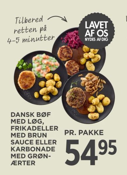 DANSK BØF MED LØG, FRIKADELLER MED BRUN SAUCE ELLER KARBONADE MED GRØNÆRTER PR. PAKKE – Meny