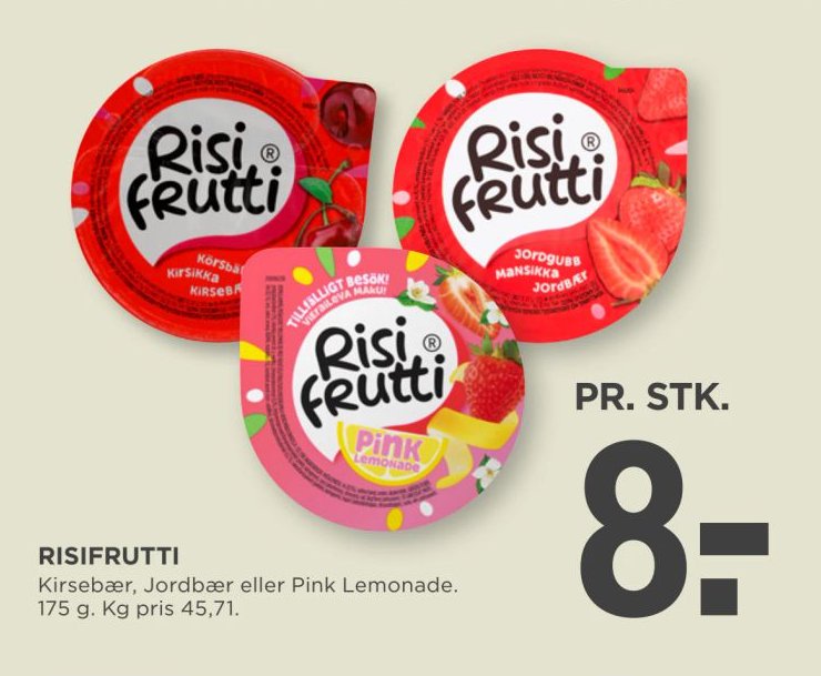 RISIFRUTTI Kirsebær, Jordbær eller Pink Lemonade. 175 g. Kg pris 45,71. – Meny