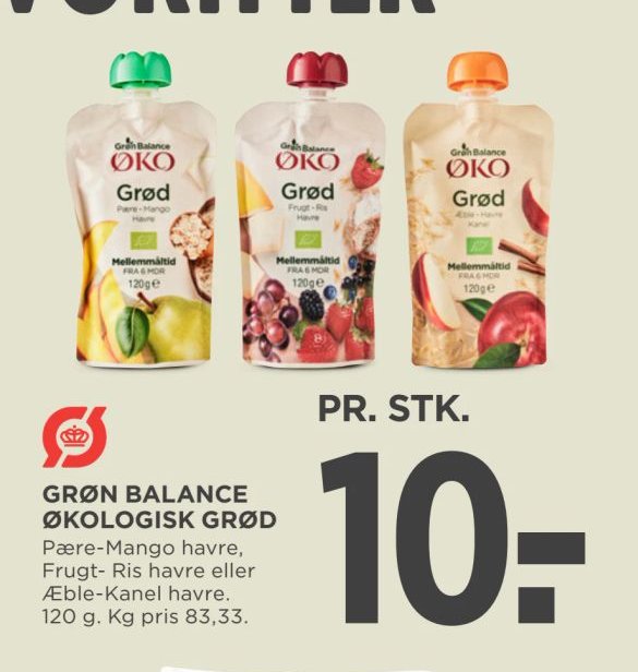 GRØN BALANCE ØKOLOGISK GRØD Pære-Mango havre, Frugt- Ris havre eller Æble-Kanel havre. 120 g. Kg pris 83,33. – Meny