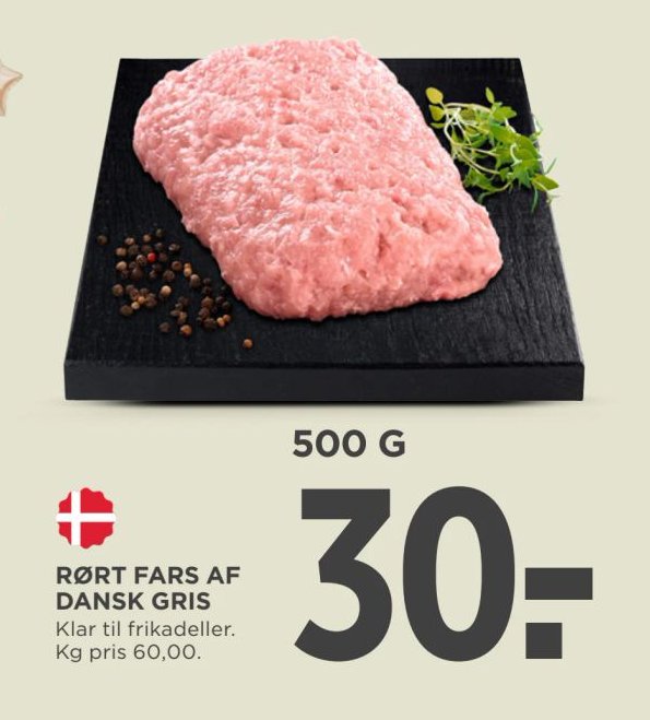 RØRT FARS AF DANSK GRIS Klar til frikadeller. Kg pris 60,00. 500 G – Meny