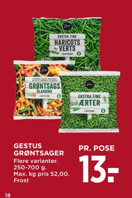 GESTUS GRØNTSAGER Flere varianter. 250-700 g. Max. kg pris 52,00. Frost – Meny