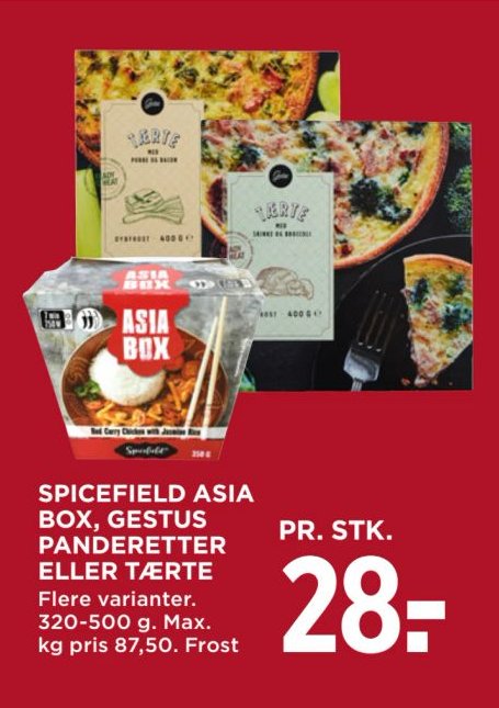 SPICEFIELD ASIA BOX, GESTUS PANDERETTER ELLER TÆRTE Flere varianter. 320-500 g. Max. kg pris 87,50. Frost – Meny